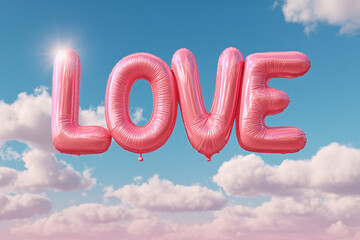 "LOVE" Word in Pink Balloons Floating in a Bright Sunny Blue Sky with Clouds - Romance and Happiness Concept