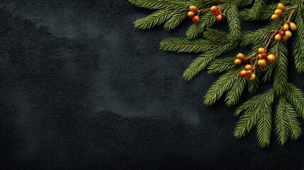 Christmas Decorations: Pine Branches with Berries on Dark Background