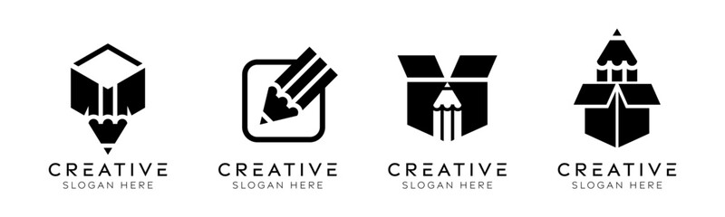 Set of pencil box logo design templates. Modern isolated box with pencil design for education, design, and stationery.