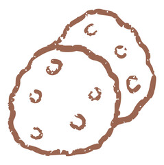 Crayon style doodle drawing of two brown chocolate chip cookies overlapping, perfect for a sweet treat and dessert theme. Bakery element ideal for menus, food illustrations, or snack designs.