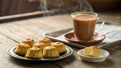 Cozy Tea and Pastry Scene – Rustic Breakfast with Steam and Golden Bites on Wooden Table
