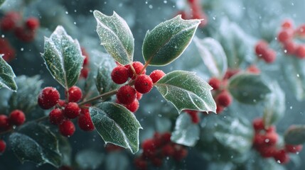 frozen holly leaves with red berries,