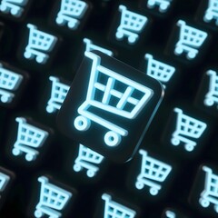 Multiple 3D shopping cart icons glow on black background