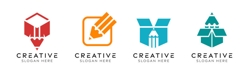 Set of pencil box logo design templates. Modern isolated box with pencil design for education, design, and stationery.