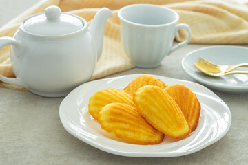 Madeleine on white plate and cup of tea