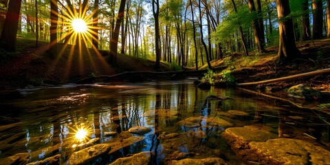 Sunlight streams through forest trees illuminating a shallow rocky stream with reflections