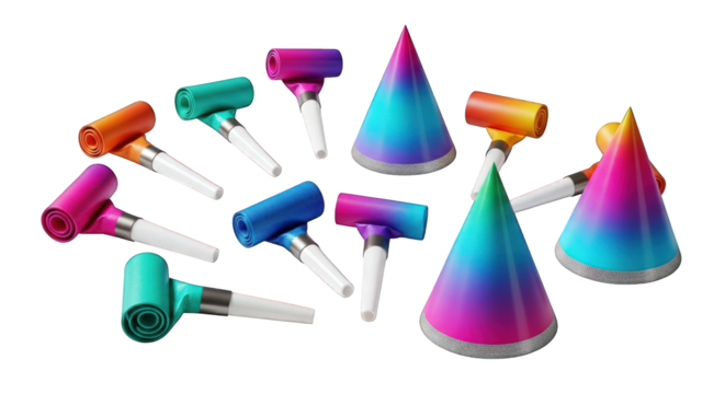Party hats and noisemakers isolated on a transparent background