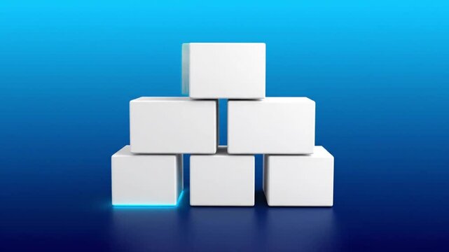 Six glossy white cubes form a 3D pyramid structure against a vibrant blue gradient. The bottom-left cube is subtly highlighted with a cyan glow, representing stacking data points or a conceptual anim