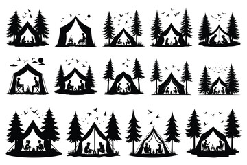 Obraz premium Black silhouettes of people camping in tents with trees and birds