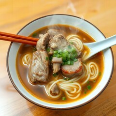 A steaming bowl of delicious noodle soup with tender meat chunks and fresh green onions