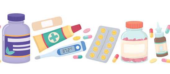 Seamless border with pharmaceutical products. Horizontal pattern with bright medical items