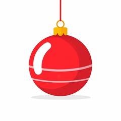 Red Christmas tree ornament ball with stripes hanging on a string isolated on a white background.