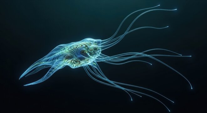 Bioluminescent creature with long tentacles swims in deep blue ocean.