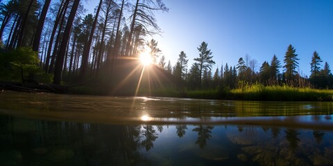 Sunbeams filter through tall trees onto a calm river with reflections and underwater view