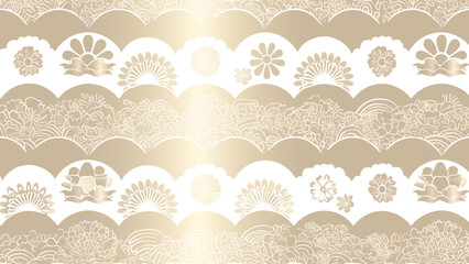 金と白の菊と波、上品で美しい和柄のシームレスパターン