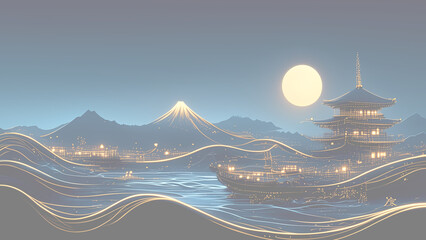 満月の夜に輝く富士山と五重塔、幻想的な日本の夜景