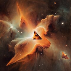 Vibrant nebula clouds with glowing triangular prisms against a starry cosmic background