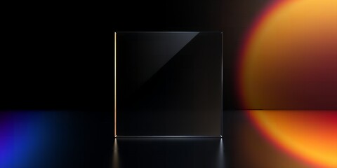 Polished glass cube on reflective surface with vibrant bokeh light effects and subtle edge illumination