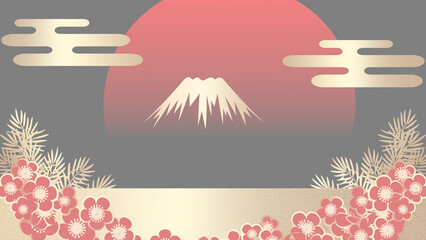 富士山と梅の花、赤と金を基調とした正月の和風背景