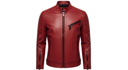 A red leather jacket with black zippers is displayed on a white background in a studio shot