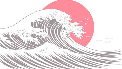 赤い太陽と鳥、葛飾北斎の浮世絵風の大きな波