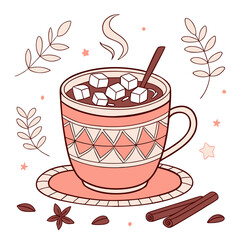 A cup of hot chocolate with marshmallows and spices
