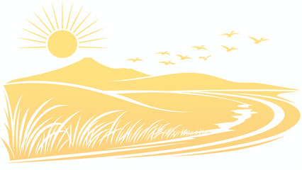 太陽と鳥が飛ぶ田園風景のシルエットイラスト