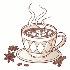 A cup of hot chocolate with marshmallows and spices