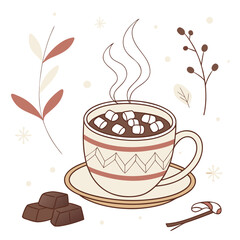 Cozy hot chocolate with marshmallows in winter