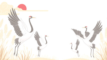 赤い太陽と稲穂の前に立つ4羽の丹頂鶴