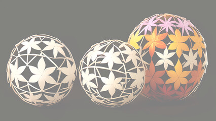 カラフルな花模様の球体オブジェ、黒背景のモダンアート