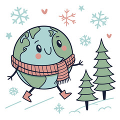 Cartoon earth wearing a scarf walking in a winter wonderland scene