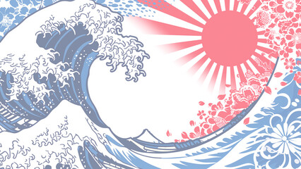 花々と融合した浮世絵の波、カラフルでモダンな和風アート