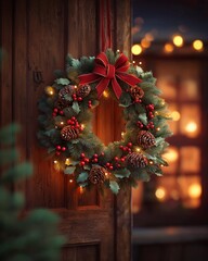 木製のドアに飾られた伝統的なクリスマスリースとイルミネーション