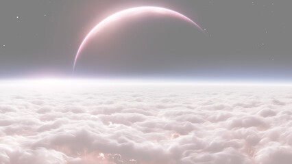 雲海の上にかかる惑星、幻想的で美しい宇宙の風景