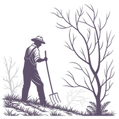 Silhouette of a farmer working the land with a pitchfork near bare trees
