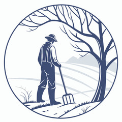 Farmer with pitchfork in field under tree