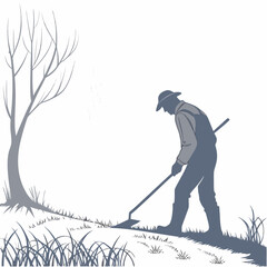Silhouette of a farmer working the land with a hoe