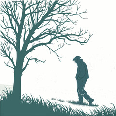Silhouette of a man walking under a bare tree