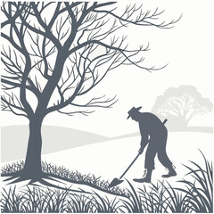Silhouette of a farmer working the land with a shovel near a bare tree