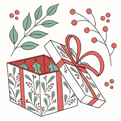 Illustration of an open gift box with floral decoration