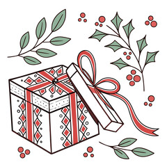 Open christmas gift box with red ribbon