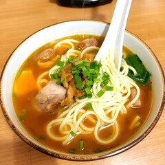 A steaming bowl of savory noodle soup with chicken green onions and herbs hot food