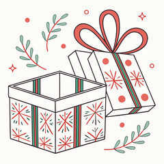 Open gift box with ribbon and decorative elements