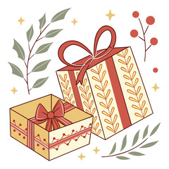 Gift boxes with ribbon and decorative leaves