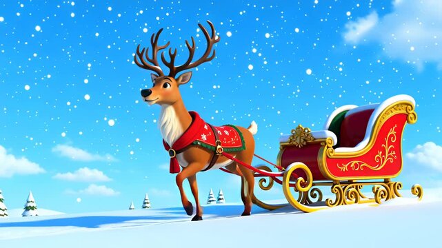 Magical Christmas reindeer pulling joyful sleigh through festive winter snow. Cheerful holiday cartoon landscape scene