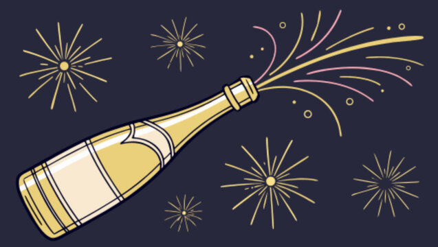 Joyful celebration with champagne bottle popping amidst vibrant fireworks, creating a festive atmosphere for special occasions and memorable events