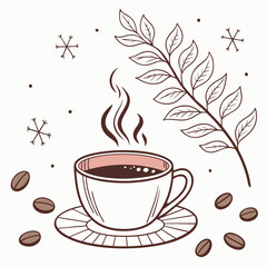 A cup of hot coffee with coffee beans