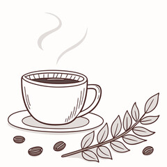 A cup of coffee with coffee beans and branch