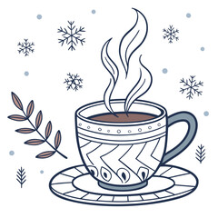 A cup of hot coffee with snowflakes
